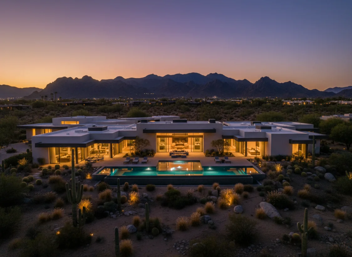 Desert estate and illuminated pool beneath a mountain range at twilight