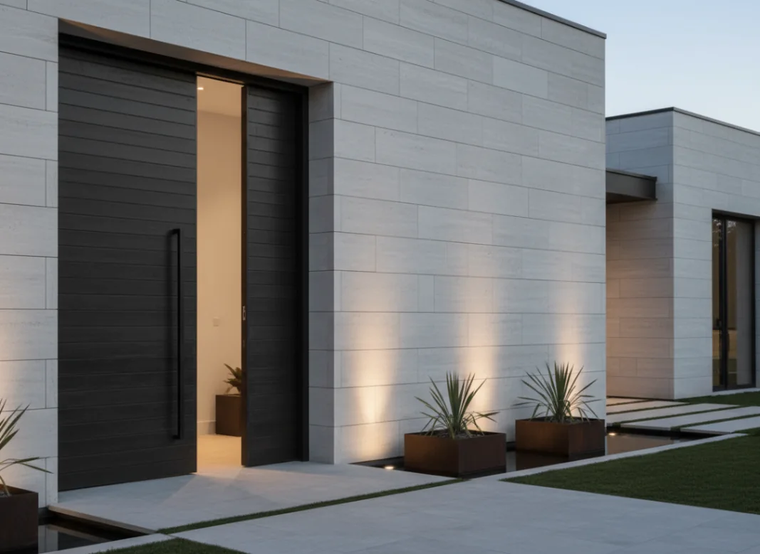 Tall pivot entry door set into a minimalist luxury residence