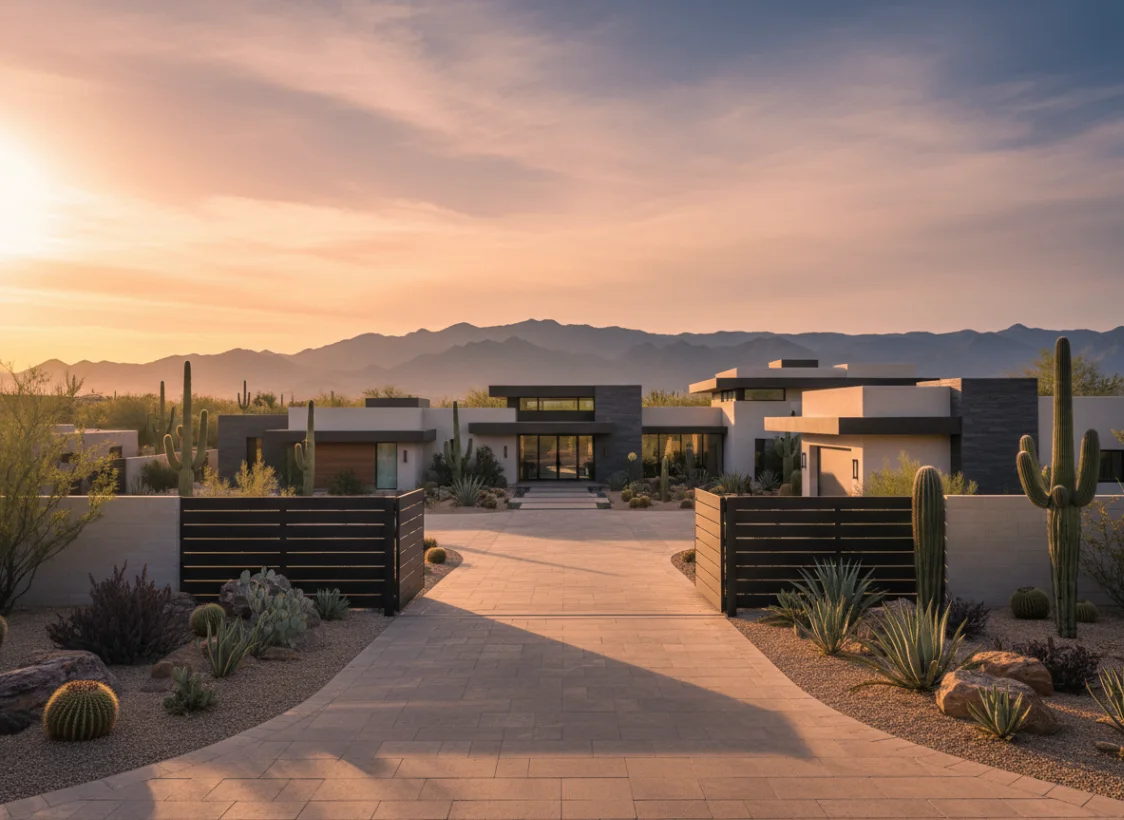Private driveway approaching a contemporary desert residence at sunset